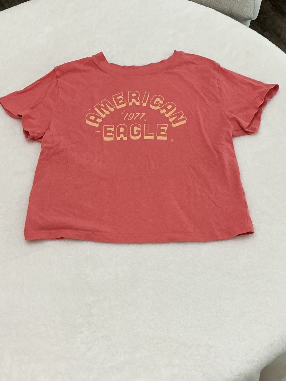 American Eagle Outfitters Coral Graphic Crop Tee with Yellow Logo